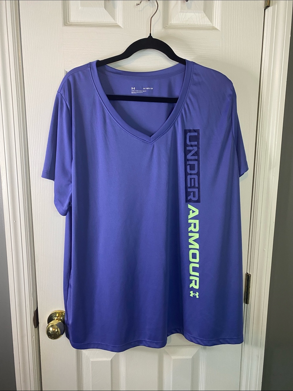 Under Armour Purple V-Neck Performance Tee with Lime Logo Stripe Size 2X.